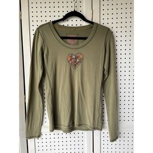 Life Is Good Long SLV Green Heart Embroidered Fitted Tee Shirt Women's Small